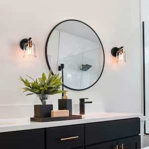 Modern Black Wall Sconce 1-Light Bathroom Powder Room Vanity Light with Plated Brass Accents and Bell Clear Glass Shade
