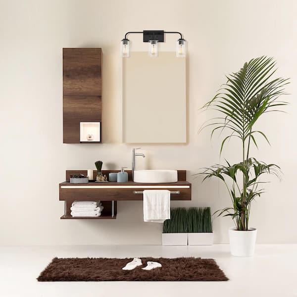 Logan 24.5 in. 3-Light Matte Black Modern Transitional Vanity with Clear Seedy Glass Shades