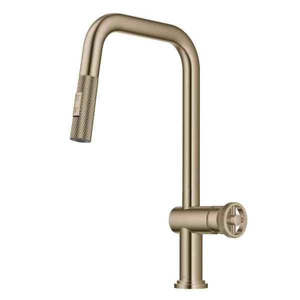 KRAUS Urbix Industrial Pull-Down Single Handle Kitchen Faucet in Brushed Gold