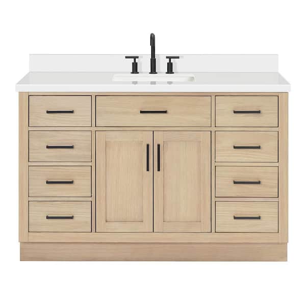 Hepburn 54 in. Single Sink Freestanding Bathroom Vanity in Oak with Pure White Quartz Top