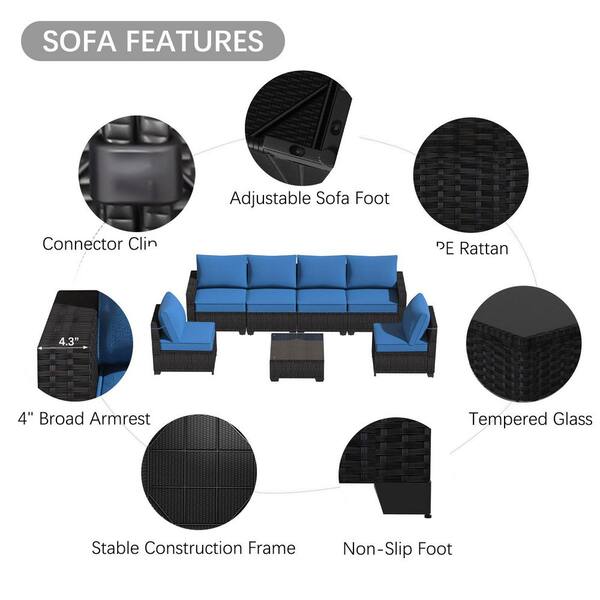 その他 wanto 7-Piece Dark Brown Wicker Outdoor Sectional Set with Peacock Blue