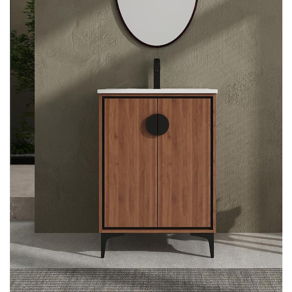 Staykiwi 24 in. W x 18.3 in. D x 33.9 in. H Freestanding Bath Vanity in Brown with White Ceramic Top