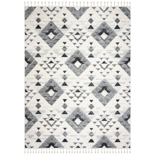 Moroccan Tassel Shag Ivory/Gray 10 ft. x 14 ft. High-Low Geometric Fringe Area Rug