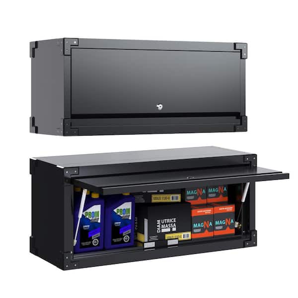 Hephastu 31.5 in. W x 15.2 in. H x 11.8 in. D Metal Wall Storage Cabinet with Up-Flip Door,Freestanding Cabinet in Black
