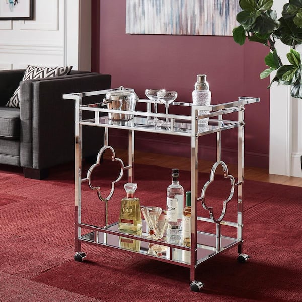 HomeSullivan Chrome Floral Bar Cart With Mirrored Bottom And Glass Top