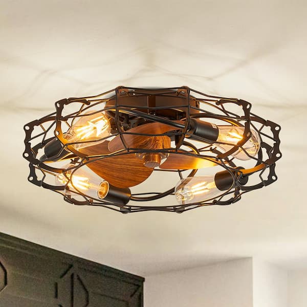 ANTOINE 20 in. 4-Light Indoor Black Low Profile Ceiling Fan with Light Farmhouse Caged Ceiling Fan with Remote Wood Grain Blades