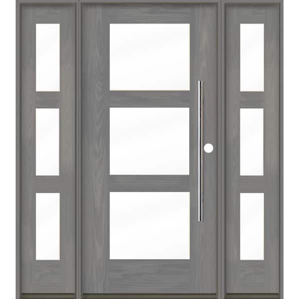 Krosswood Doors Faux Pivot 64 in. x 80 in. Left-Hand/Inswing 3-Lite Clear Glass Malibu Grey Stain Fiberglass Prehung Front Door with DSL