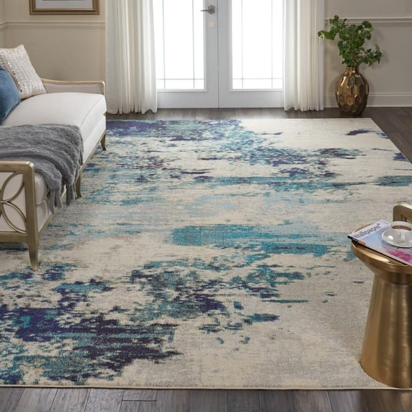 Nourison Celestial Ivory/Teal Blue ft. x 12 ft. Abstract Modern Area Rug  473851 The Home Depot
