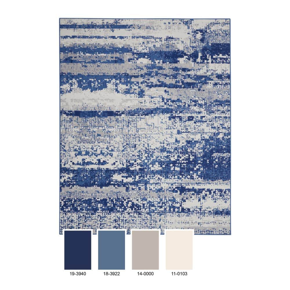 Ivory and Navy Abstract Synthetic Runner Rug