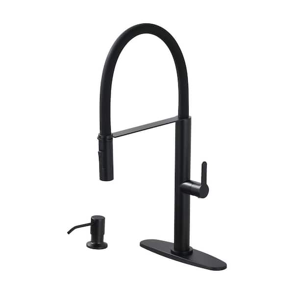 21.2 in. Single Handle Pull Down Sprayer Kitchen Faucet with 360° Swivel and Soap Dispenser in Matte Black