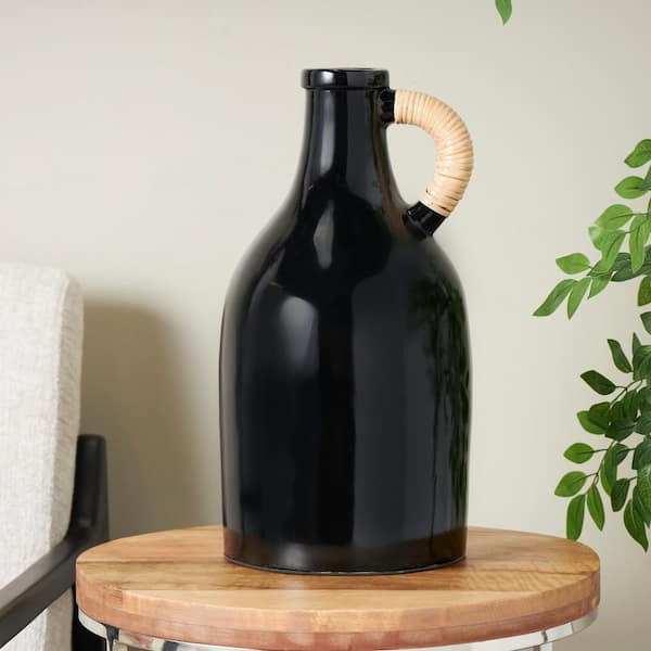 Litton Lane 18 in. Black Jug Inspired Ceramic Decorative Vase with Rattan Wrapped Handle
