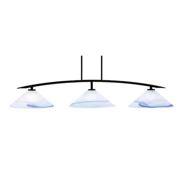 Unbranded Siena 3-Light Matte Black Billiard Light with 16 in. Blue Swirl Glass Shades No Bulbs Included