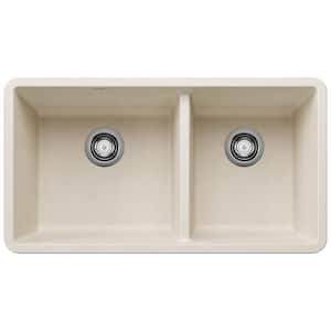 Precis Silgranit 33 in. Undermount 60/40 Double Bowl Soft White Granite Composite Kitchen Sink