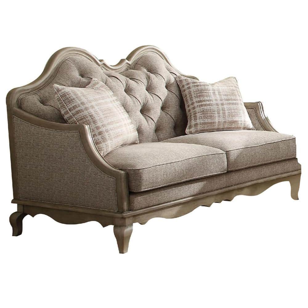 Acme Furniture Chelmsford 37 in. Beige Fabric and Antique Taupe Finish Solid Linen 2-Seat Loveseat, Beige Fabric & Antique Taupe Finish