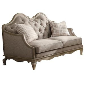 Chelmsford 37 in. Beige Fabric and Antique Taupe Finish Solid Linen 2-Seat Loveseat