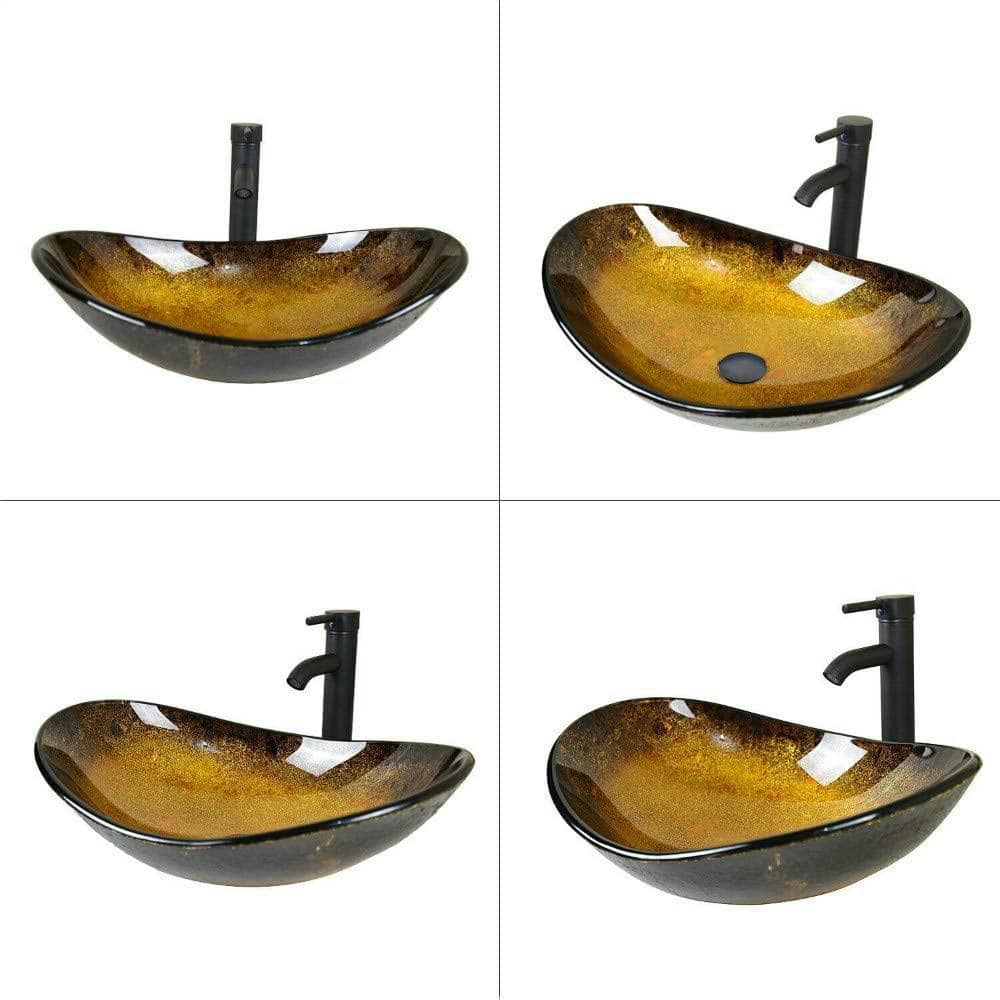 Yellow and Black Glass Oval Vessel Sink with Faucet and Drain