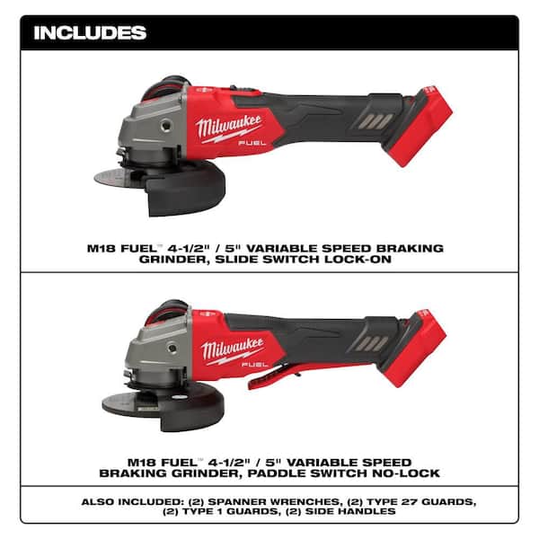 M18 FUEL 18V Lith-Ion Cordless 4-1/2 in. /5 in. Grinder w/ Variable Speed & Slide Switch and Grinder w/ Paddle Switch
