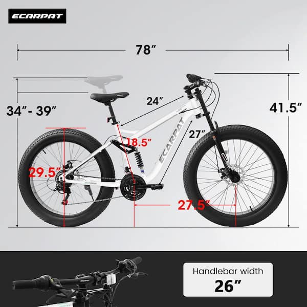 Sudzendf 26 in. Fat Tire White 21-Speed Full-Suspension Mountain