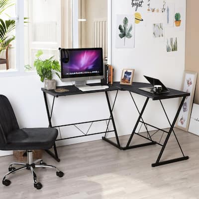 18.9 in. Dark Black L-Shaped Economic Computer Desk Corner Workstation Study Gaming Table Home Office with Metal Frame