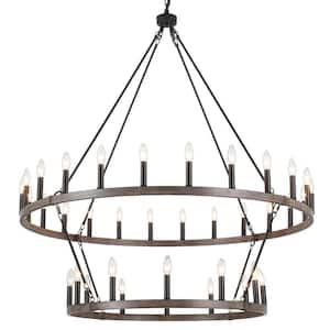 36-Light 2-Tiers Black & Imitation Wood Grain Candle Style Wagon Wheel Chandelier Round Industrial Pendant Lighting