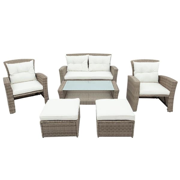 Unbranded 4-Piece Wicker Patio Conversation Set with Beige Cushions and Ottoman