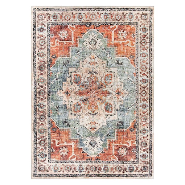 Transitional Medallion Washable Non Slip Multi 3 ft. x 5 ft. Area Rug