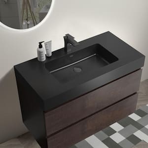 36 in. Single Sink Wall Mounted Rose Wood Bath Vanity with Black Solid Surface Top Unassembled without Drain and Faucet