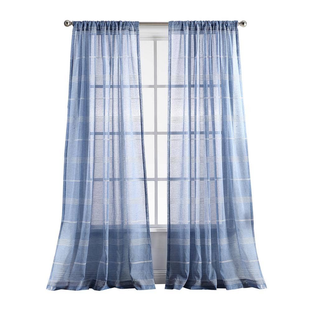Indigo Sheer Striped Rod Pocket Curtain Panels, 50" x 95"