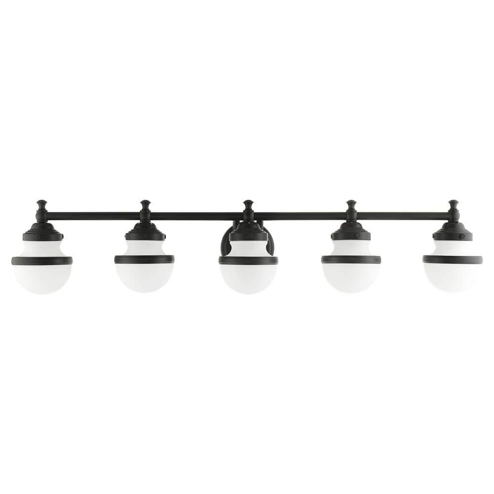 Oldwick Sleek Black 5-Light Vanity Sconce with Satin Opal White Glass