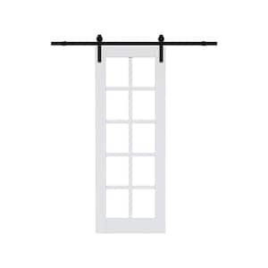 28 in. x 80 in. 10-Lite Tempered Clear Glass White Primed MDF Composite Sliding Barn Door with Hardware Kit