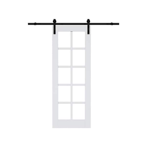ARK DESIGN 30 in. x 80 in. 10-Lite Tempered Clear Glass White Primed MDF Composite Sliding Barn Door with Hardware Kit