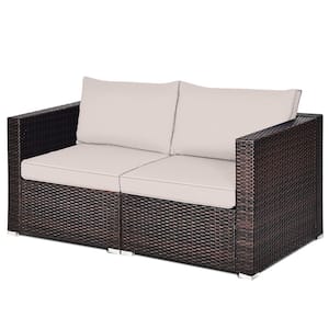 2PCS Rattan Corner Sofa Set Patio Outdoor Furniture Set w/4 Beige Cushions