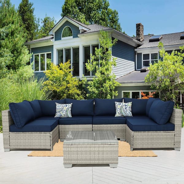 Runesay Outdoor Grey 7-Piece Wicker Patio Conversation Set with Dark Blue Cushions and Pillows