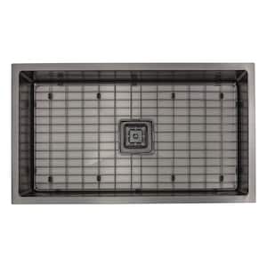 16-Gauge Square Drain Black Stainless Steel 1/2 in. Radius Single Bowl Undermount Kitchen Sink with Grid and Drain