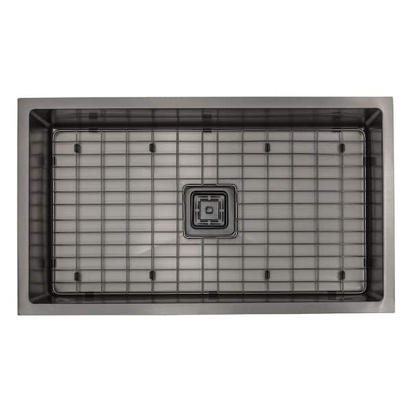 S STRICTLY KITCHEN + BATH 16-Gauge Square Drain Black Stainless Steel 1/2 in. Radius Single Bowl Undermount Kitchen Sink with Grid and Drain