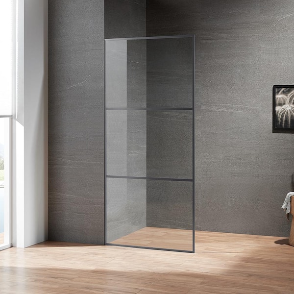 SERENE VALLEY Libra 34 in. W x 74 in. H 2-Stripes Fixed Frame Shower Door in Gunmetal Finish with Easy Cleaning Glass
