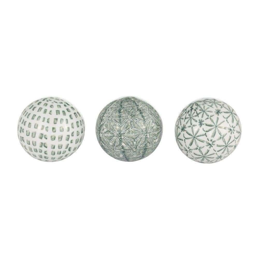 Set of 3 Green and White Ceramic Decorative Orbs