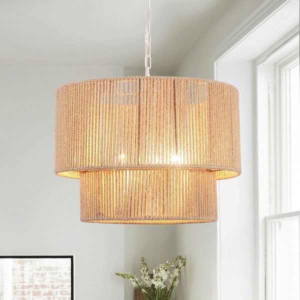 5 Light 2-Tier Distressed White Drum Rattan Dimmable Chandelier for Kitchen Island with No Bulbs Included