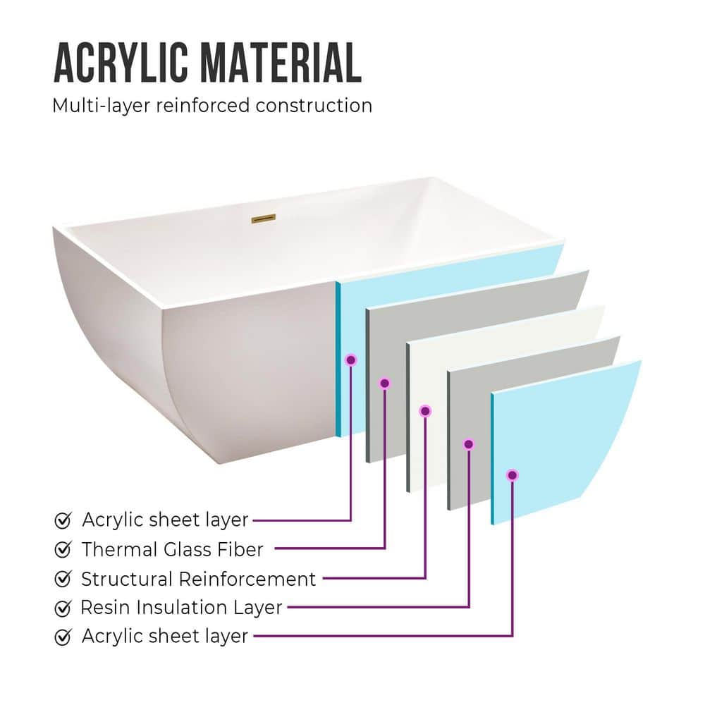 White Acrylic Freestanding Soaking Bathtub with Gold Drain