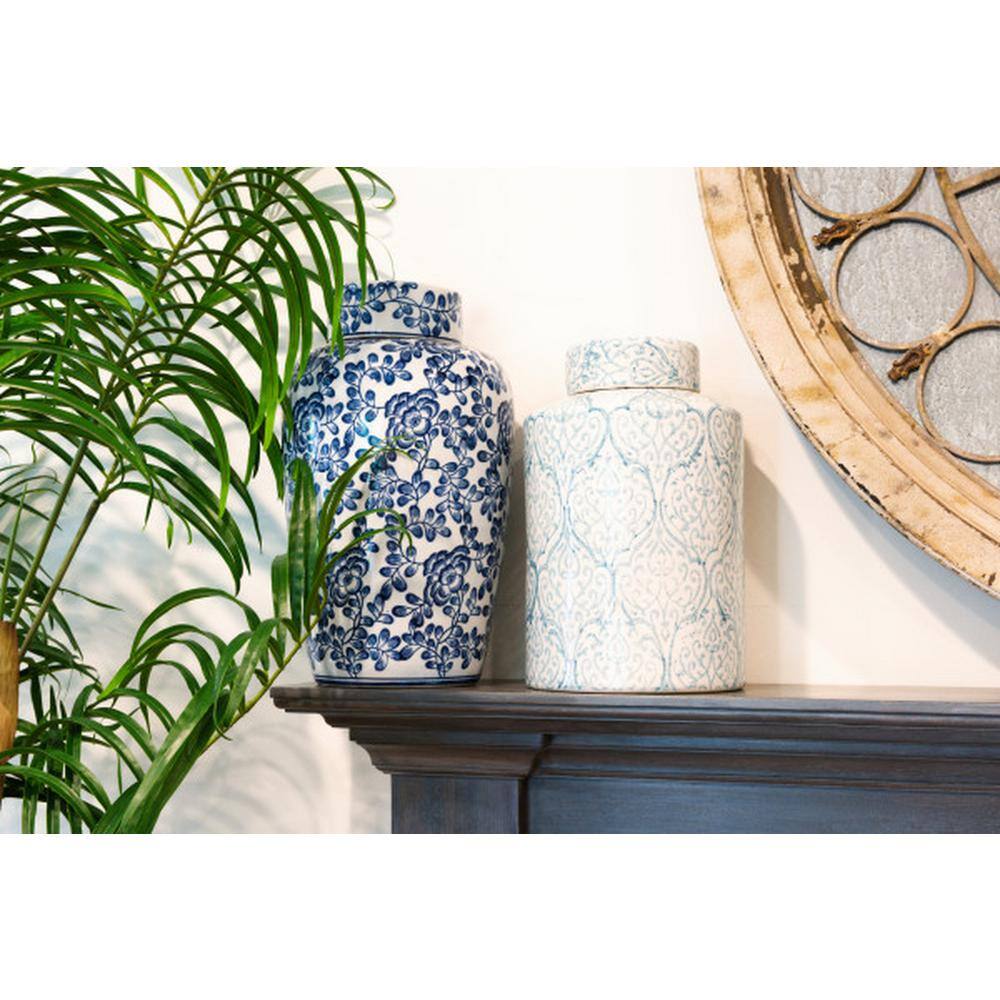 Blue and White Ceramic Geometric Ginger Jar Set