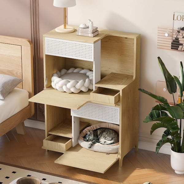 2 in 1 Cat Furniture Cat Litter Box Enclosure Side Table Cat House with Storage for 2-Small-Medium Sized Cats