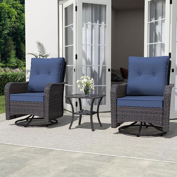 3-Piece Wicker Outdoor Rocking Chairs Set with Swivel 1 Glass Coffee Table and Cushion Navy Blue