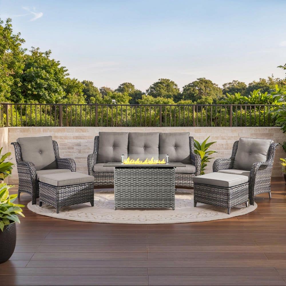 Carolina 6-Piece Outdoor Patio Furniture Set, Gray Wicker Fire Pit Table with Swivel Chair&3-seat Sofa, Gray Cushions price history on PriceWatchPro