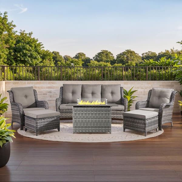 Carolina 6-Piece Outdoor Patio Furniture Set, Gray Wicker Fire Pit Table with Swivel Chair&3-seat Sofa, Gray Cushions