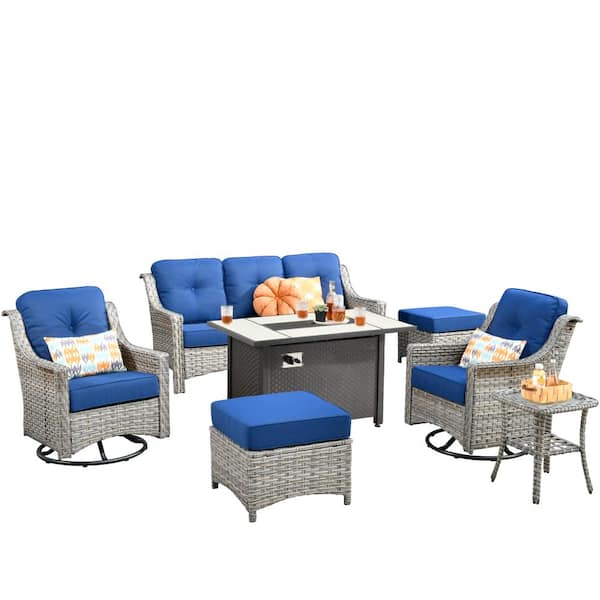Verona 7-Piece Wicker Outdoor Patio Fire Pit Furniture Conversation Sofa Set with Swivel Chairs and Navy Blue Cushions