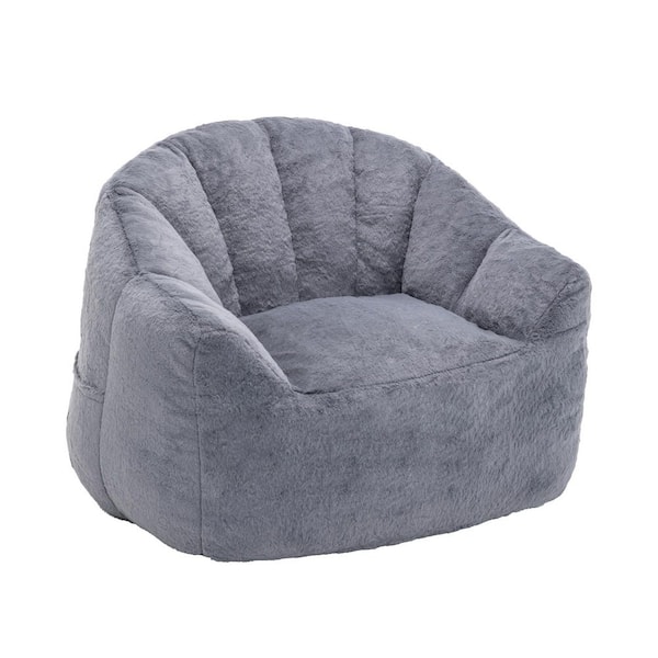 Gray Faux Fur Upholstery Bean Bag, Foam Filler Floor Sofa Chair for Bedroom or Living Room