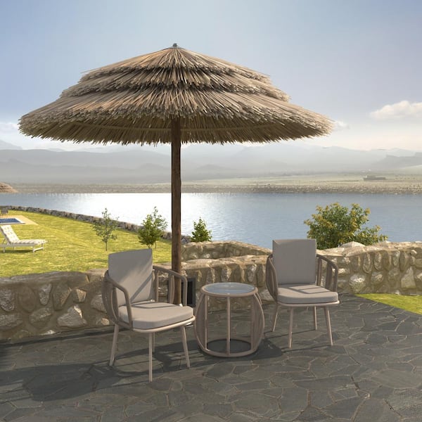 TWT 3-Piece Sling Aluminum Round Table Outdoor Bistro Set with Back Cushion and Seat Tan Cushion