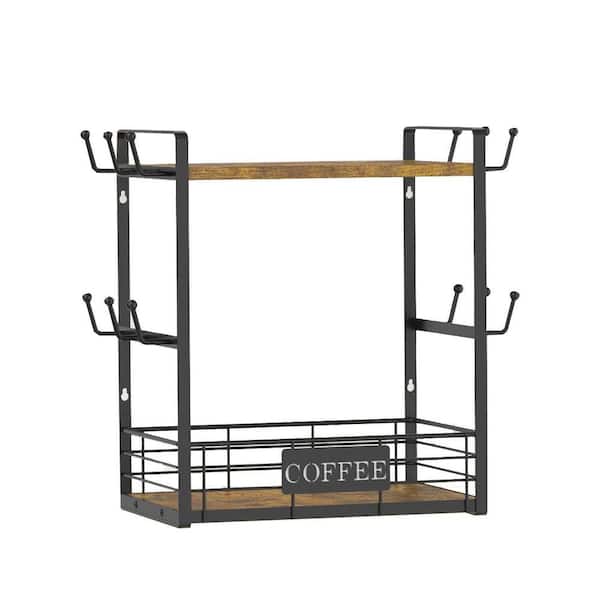 2 Tier 12-Hook Vintage Brown Black Mug Tree Rack Coffee Station Organizer Countertop Display Shelf with Hooks