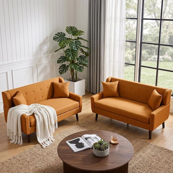 Uixe 62.98 in. Straight Arm Linen Rectangle Sofa in Orange (Set of