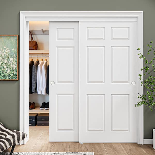 72 in. x 80 in. Paneled 6-Lite White Primed MDF Composite Sliding Door with Hardware